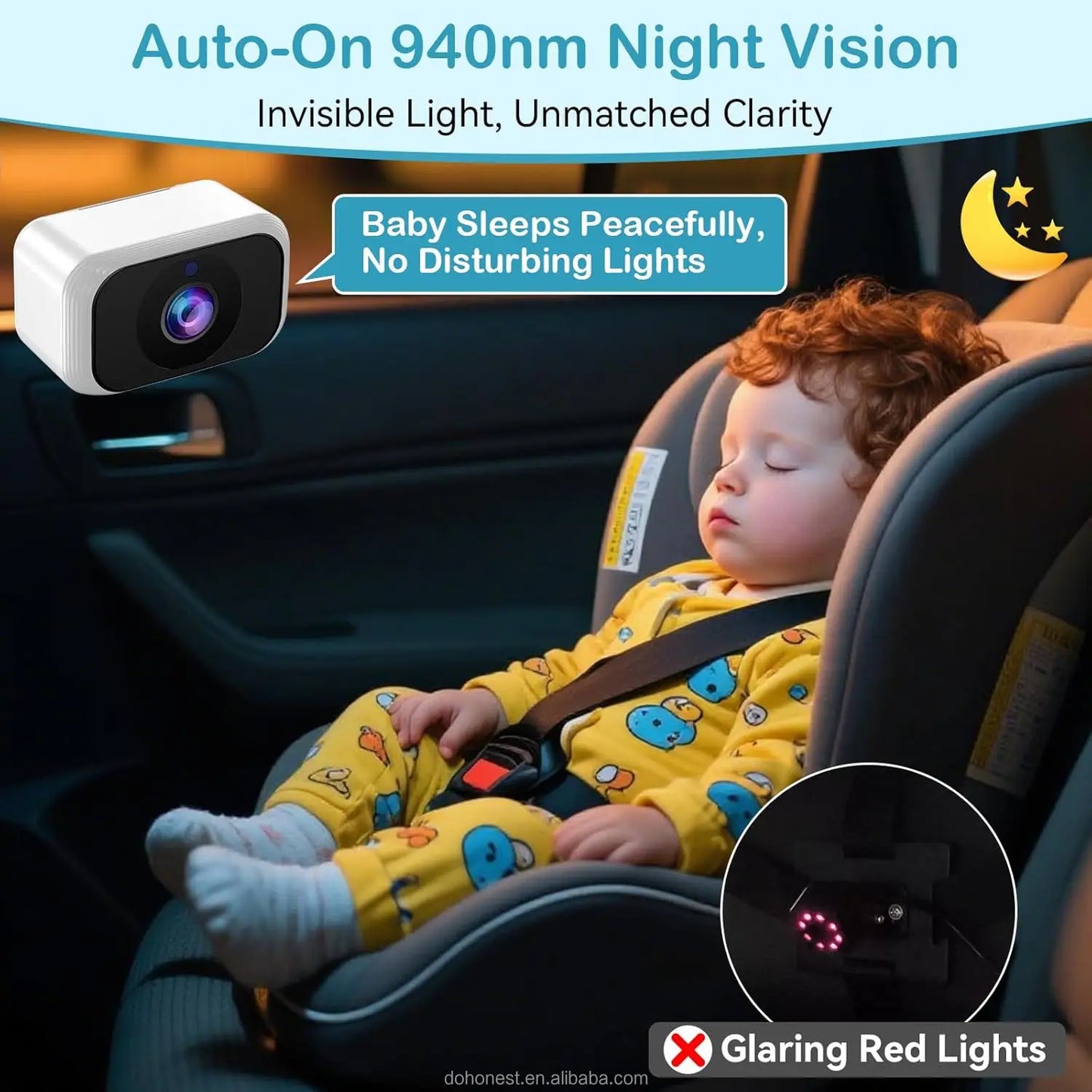 Dual Baby Car Camera with 7" IPS Display - HD 1080P, Night Vision, Split Screen, USB Powered