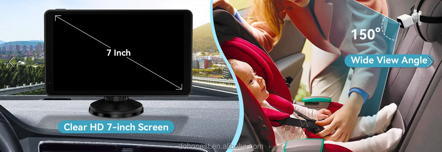 Dual Baby Car Camera with 7" IPS Display - HD 1080P, Night Vision, Split Screen, USB Powered