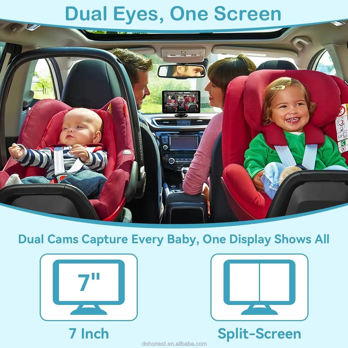 Dual Baby Car Camera with 7" IPS Display - HD 1080P, Night Vision, Split Screen, USB Powered