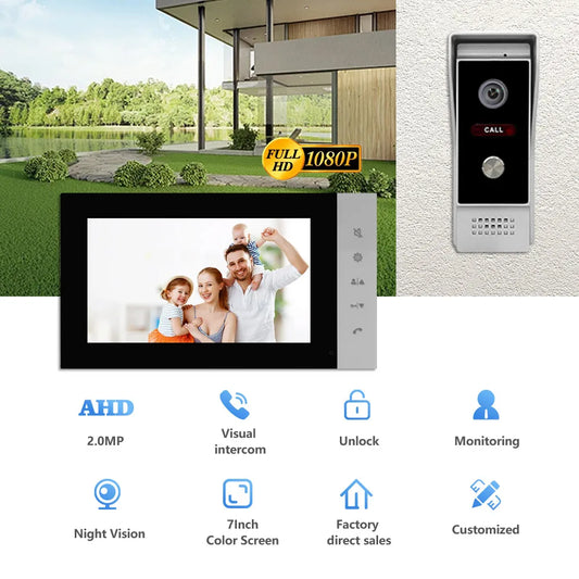 AHD 7 Inch Two-Way Video Door Phone Intercom System DC15V/AC100-240V 4-Wire Hands-Free Touch Buttons Motion Detection