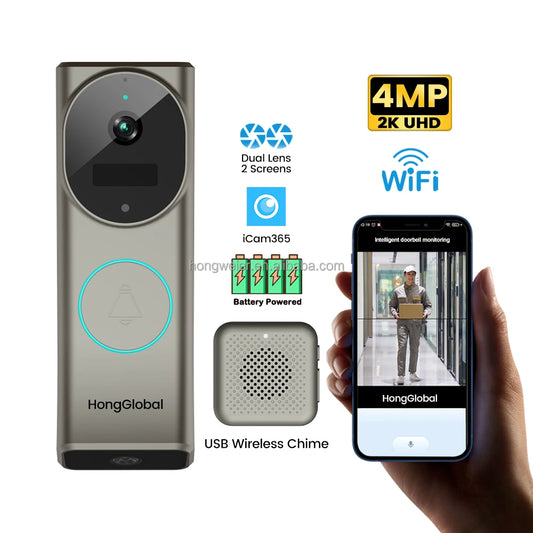 HongGlobal 4MP Home Doorbell Surveillance Security Ring Door Bell Camera ICam365 IP Dual Lens WiFi Smart Wireless Video Doorbell