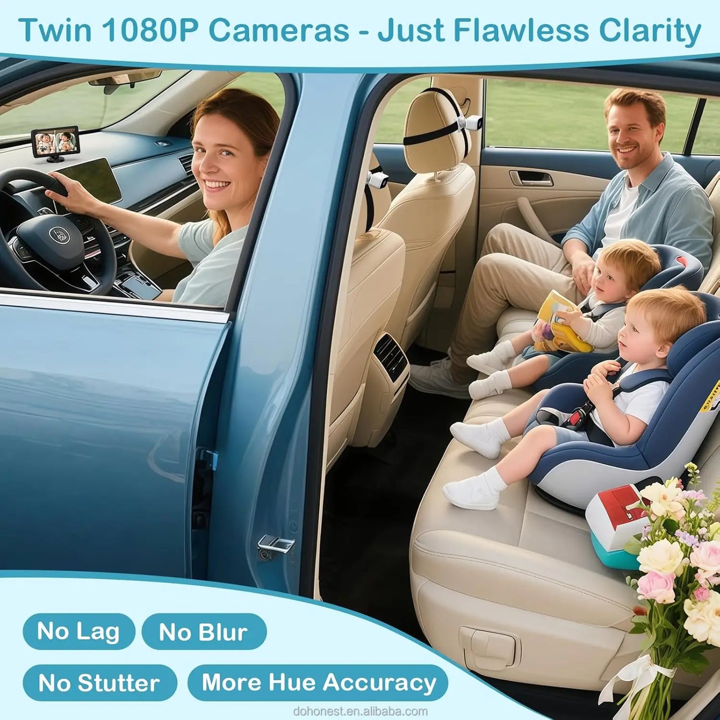 Dual Baby Car Camera with 7" IPS Display - HD 1080P, Night Vision, Split Screen, USB Powered