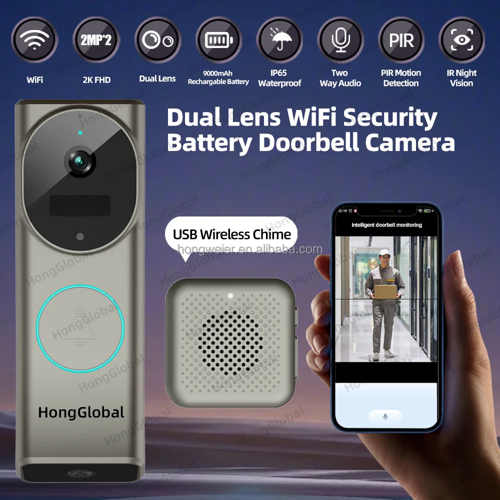 HongGlobal 4MP Home Doorbell Surveillance Security Ring Door Bell Camera ICam365 IP Dual Lens WiFi Smart Wireless Video Doorbell