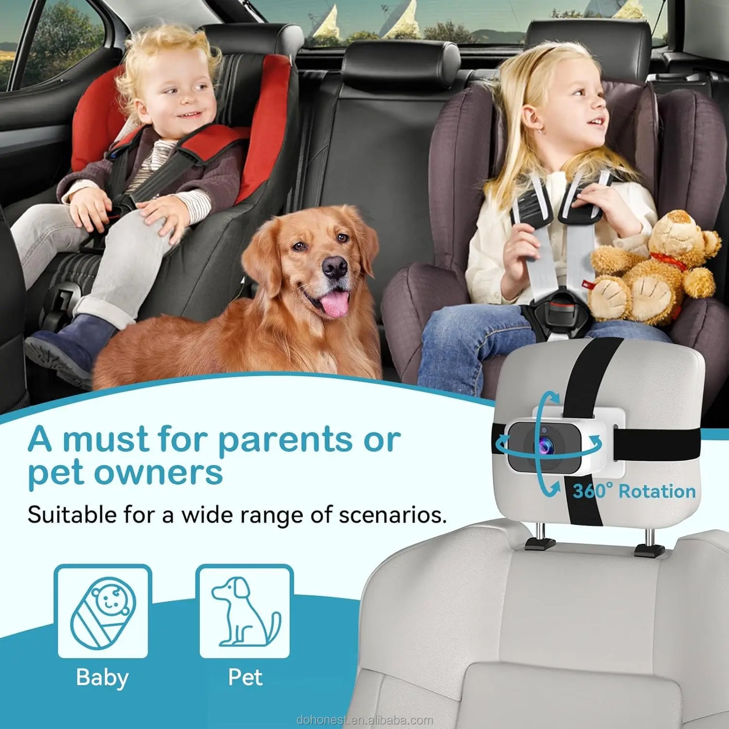 Dual Baby Car Camera with 7" IPS Display - HD 1080P, Night Vision, Split Screen, USB Powered