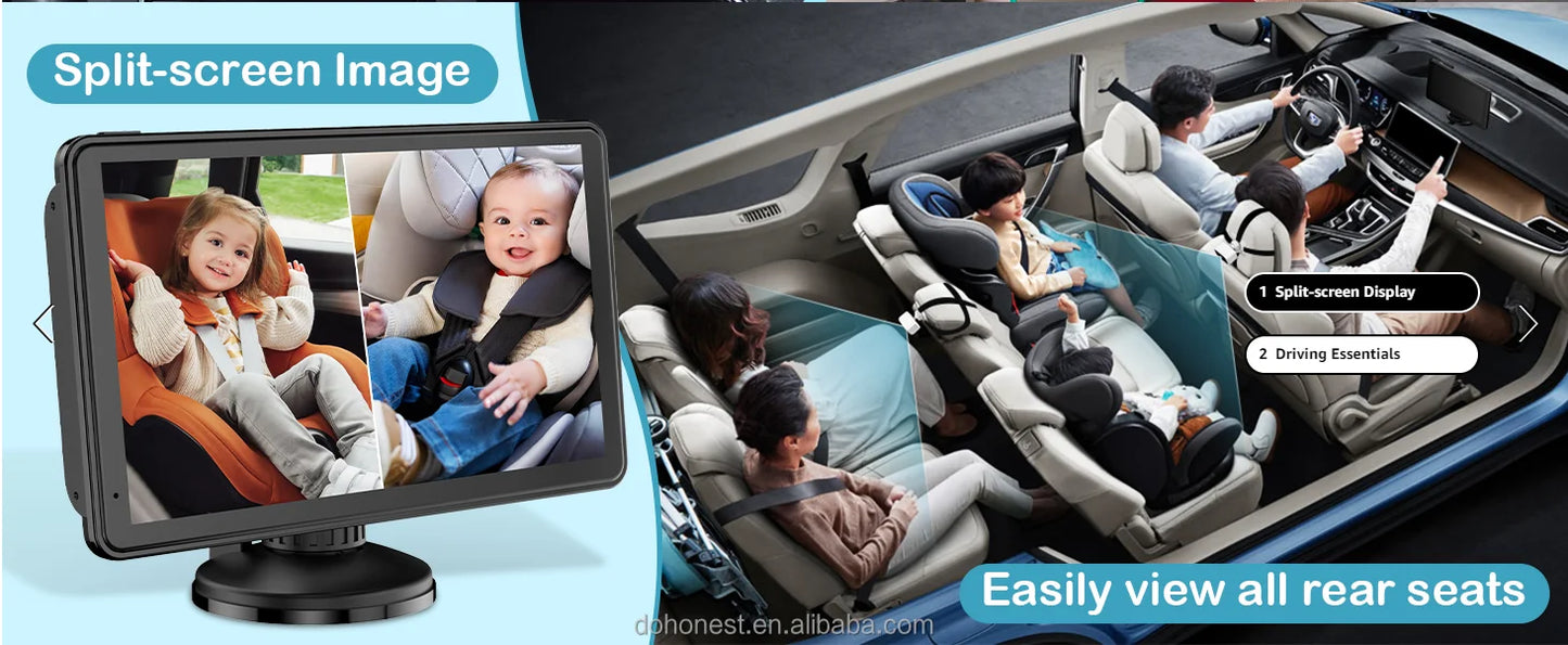 Dual Baby Car Camera with 7" IPS Display - HD 1080P, Night Vision, Split Screen, USB Powered
