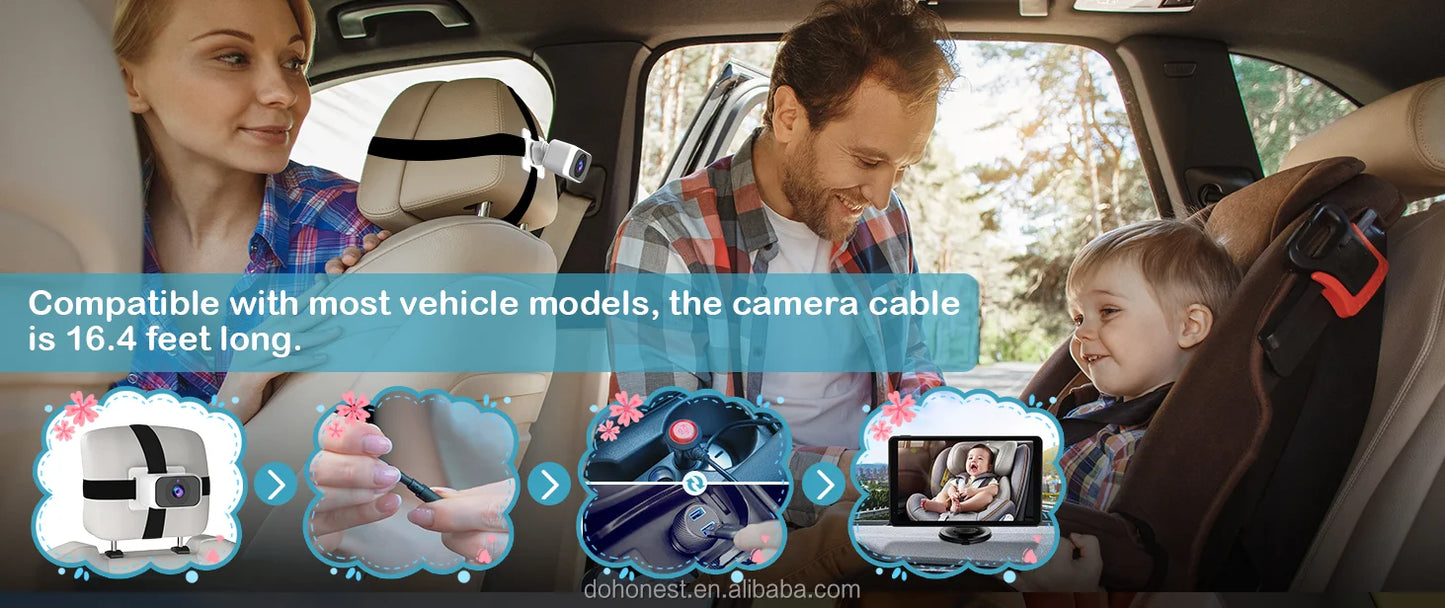 Dual Baby Car Camera with 7" IPS Display - HD 1080P, Night Vision, Split Screen, USB Powered