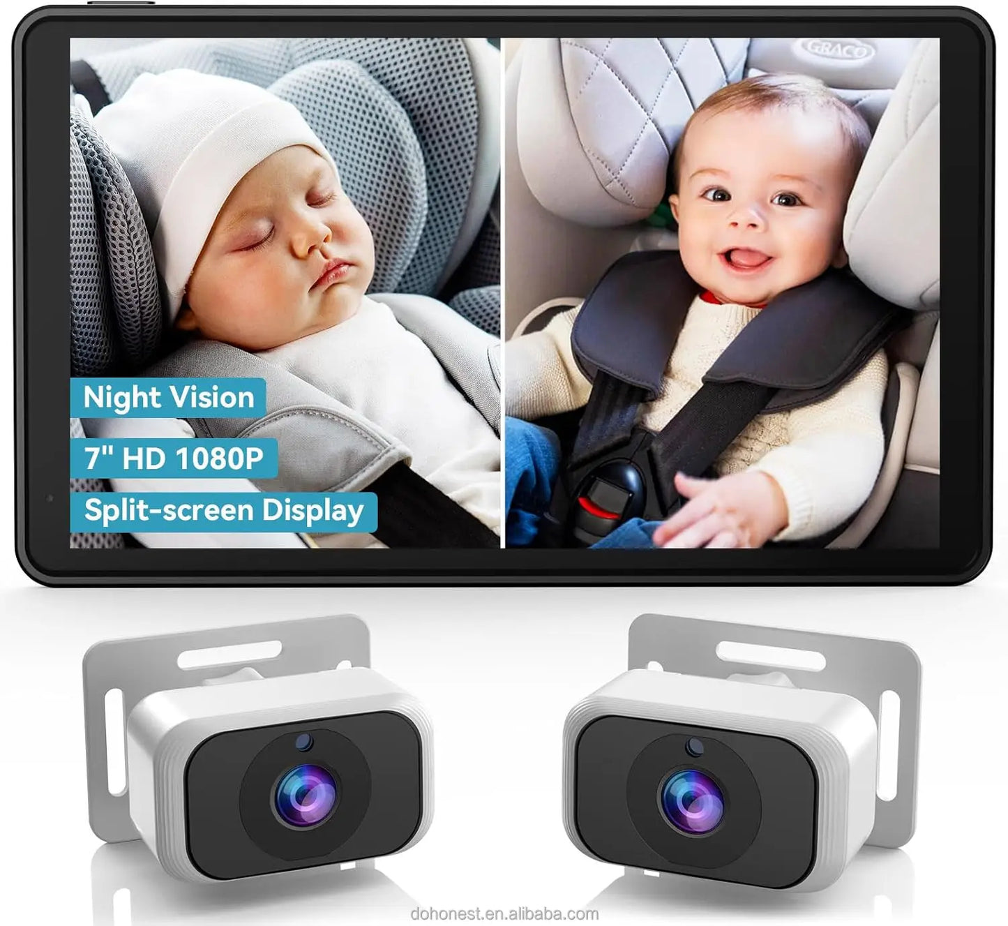 Dual Baby Car Camera with 7" IPS Display - HD 1080P, Night Vision, Split Screen, USB Powered
