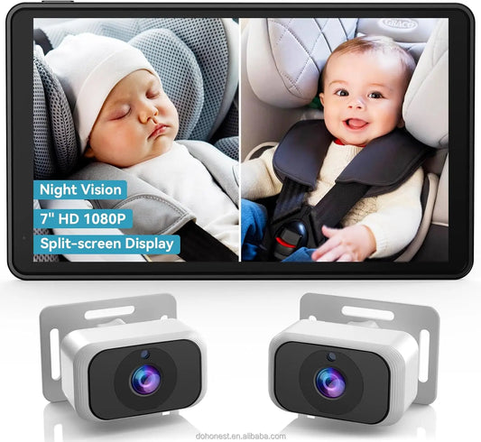 Dual Baby Car Camera with 7" IPS Display - HD 1080P, Night Vision, Split Screen, USB Powered
