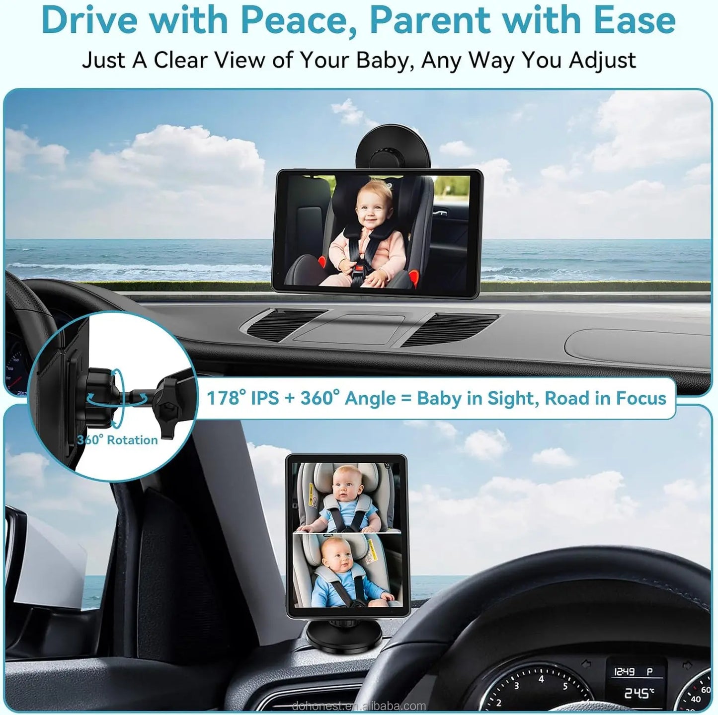 Dual Baby Car Camera with 7" IPS Display - HD 1080P, Night Vision, Split Screen, USB Powered