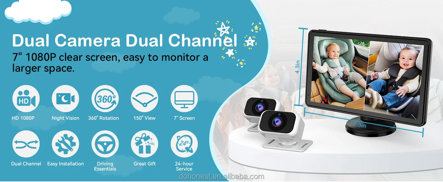 Dual Baby Car Camera with 7" IPS Display - HD 1080P, Night Vision, Split Screen, USB Powered
