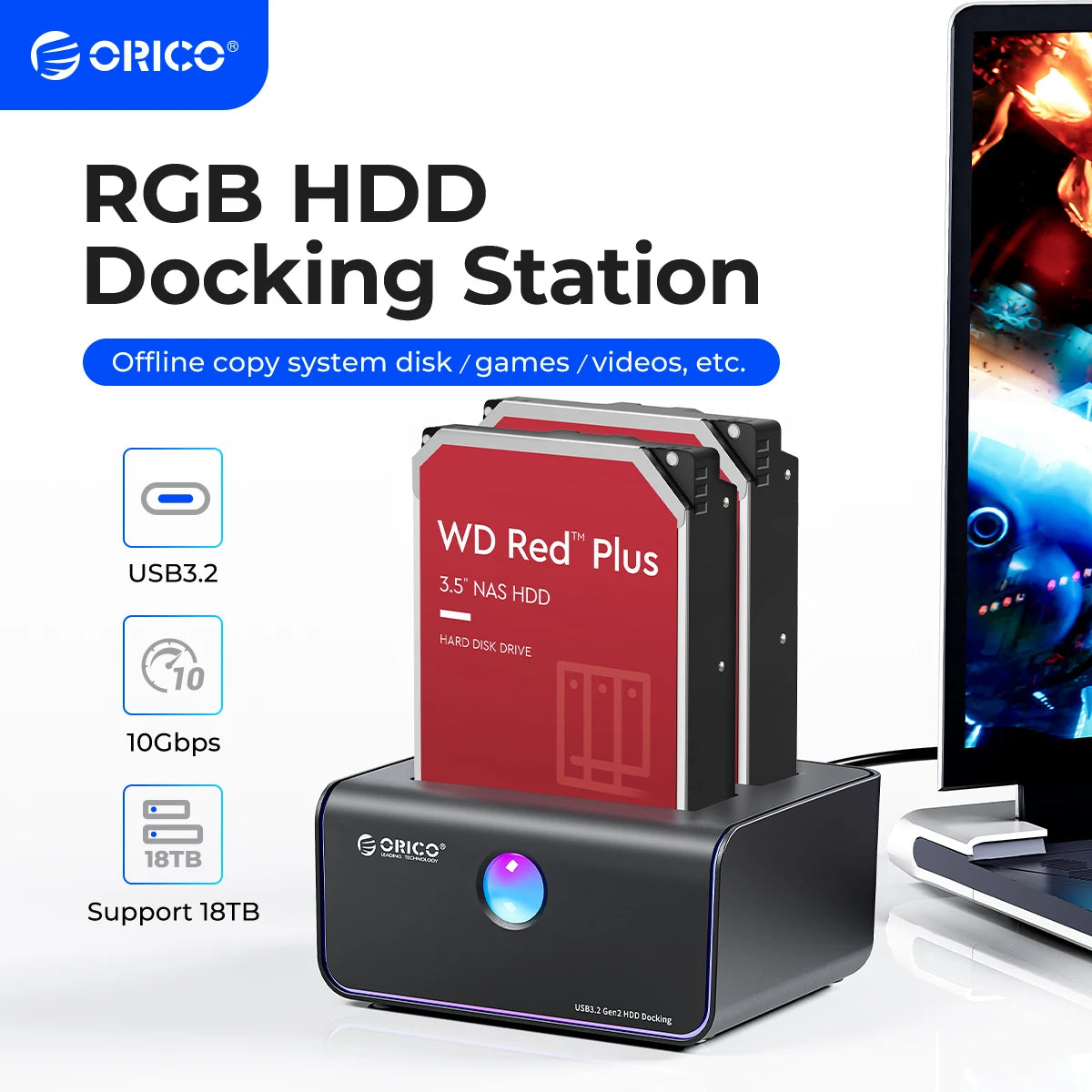 ORICO RGB Light 2-bay Type-C 10Gbps Hard Disk Docking Station for Game Enthusiast with Auto-Sleep Offline Clone Hard Disk Case