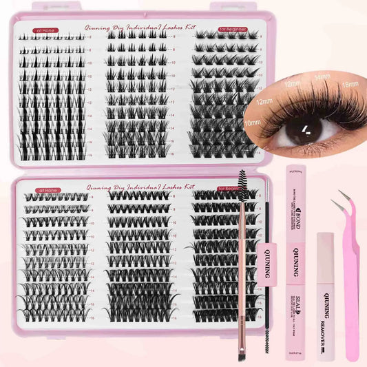 QIUNING Lash Clusters Kit Cat Lashes with Lash Bond & Seal Wispy Cluster Eyelash Clusters Kit DIY Eyelash Extensions at Home