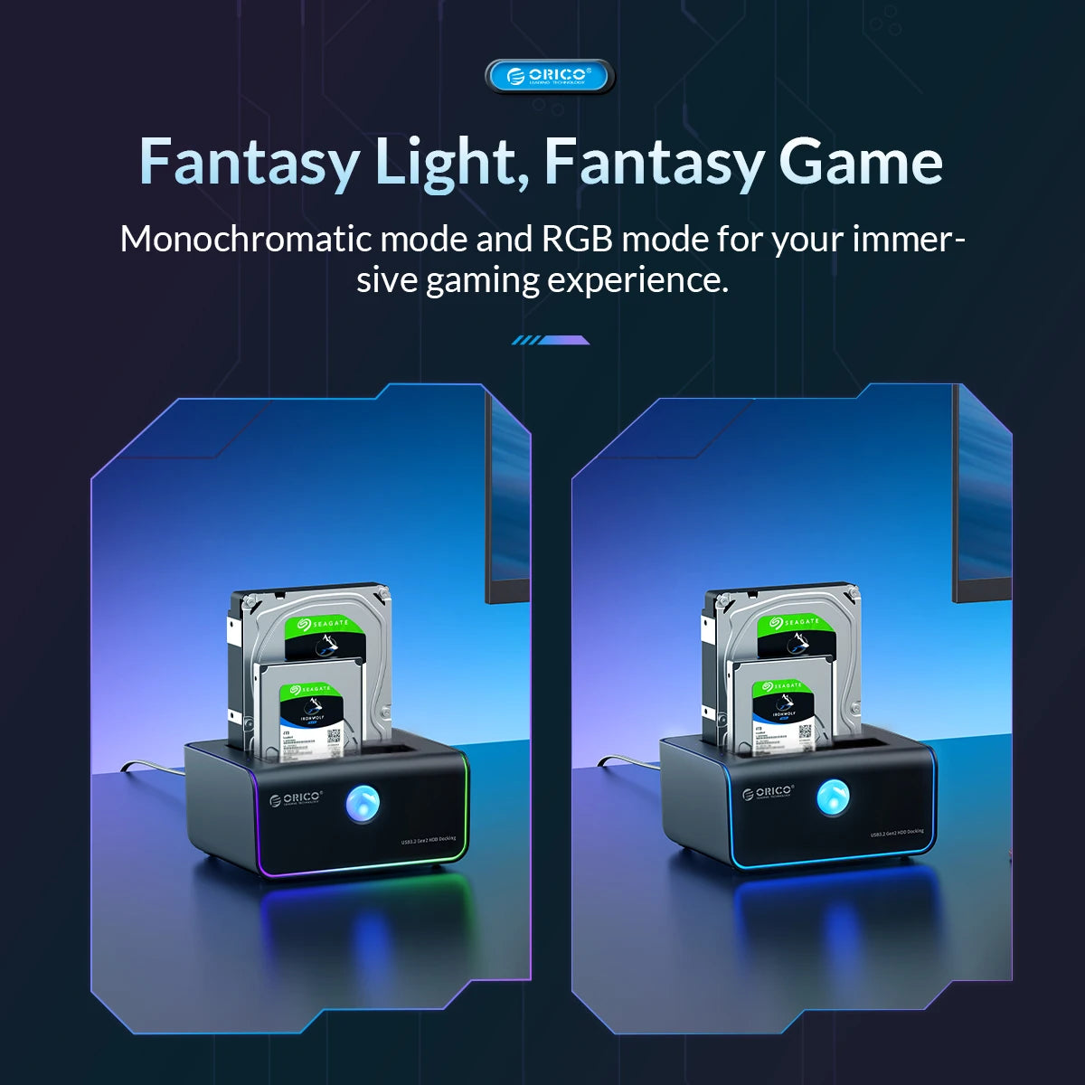 ORICO RGB Light 2-bay Type-C 10Gbps Hard Disk Docking Station for Game Enthusiast with Auto-Sleep Offline Clone Hard Disk Case