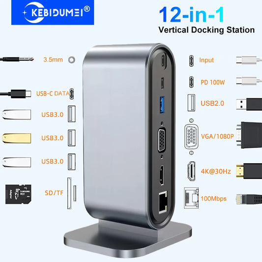 12-in-1 Vertical Docking Station USB C HUB TYPE C Splitter HDMI 4K30Hz/LAN 100M/USB3.0 5Gbps/VGA 1080P/PD100W for Laptop MacBook