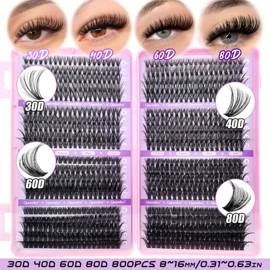QUEENICE 800pcs Mixed Length Cluster False Eyelashes | Lightweight, Soft, Easy Application, Natural Dense, Beginner-Friendly