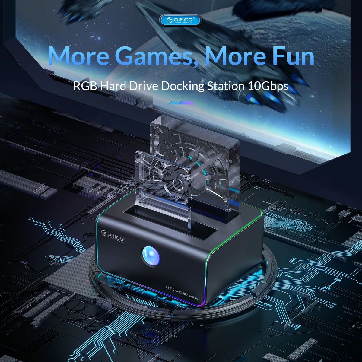 ORICO RGB Light 2-bay Type-C 10Gbps Hard Disk Docking Station for Game Enthusiast with Auto-Sleep Offline Clone Hard Disk Case