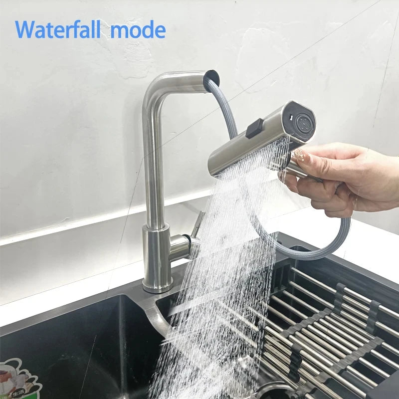 6 Modes Gray Pull-Out Swivel Waterfall Black Stream Sprayer Sink Mixer Faucet Brushed Nickel Faucet Accessories
