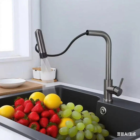 6 Modes Gray Pull-Out Swivel Waterfall Black Stream Sprayer Sink Mixer Faucet Brushed Nickel Faucet Accessories