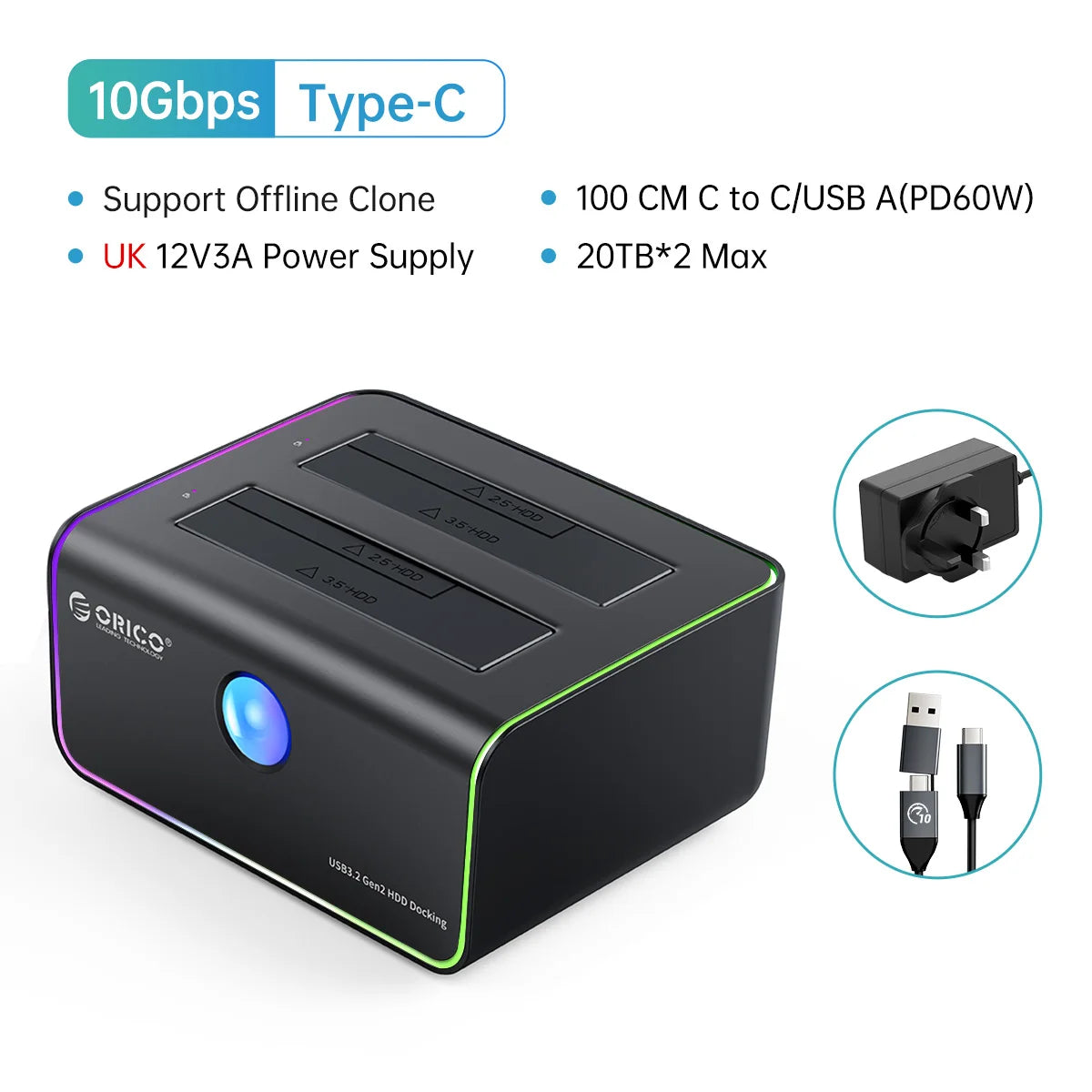 ORICO RGB Light 2-bay Type-C 10Gbps Hard Disk Docking Station for Game Enthusiast with Auto-Sleep Offline Clone Hard Disk Case