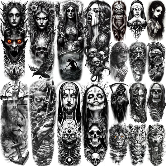 1 Sheet Full Arm Evil Witch Vampire Temporary Tattoos Sleeve Halloween Scary Skull Tatoo Waterproof Horrible Fake Tattoo Sticker