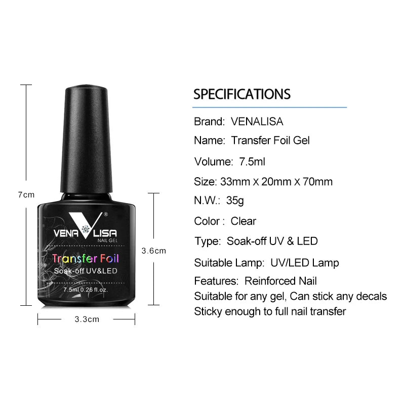 Venalisa Nail Foil Glue Gel Strong Adhesion for Foil Art Stickers Soak off LED Gel Polish Compatible Nail Art Transfer Gel