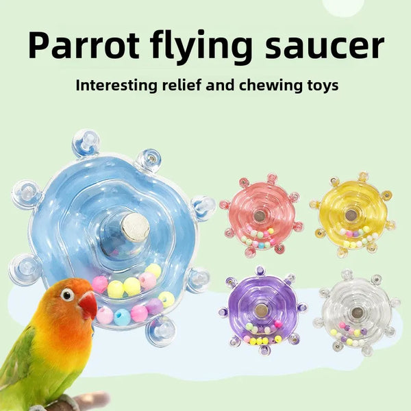 Parrot flying saucer, happy bird, boring toy