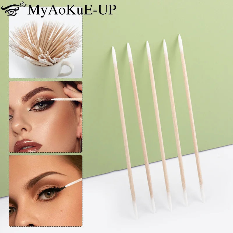 100/300/500 Pcs Long Double Head Wood Cotton Swab Nose Ears Cleaning Women Makeup Tool Lipstik Cotton Buds Tip Sticks Microbrush