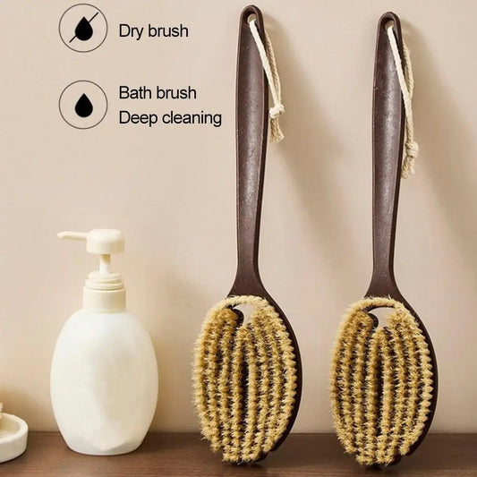 Natural Bristle Body Brush Back Scrubber Brush for Shower, Soft Bristle, Long Handle for Dry Brushing, Exfoliation & Skin Care