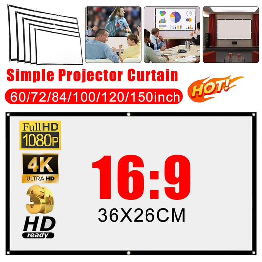 16:9 Simple Projector Curtain Portable HD Display Screen Home Cinema Theater Movie Projection Curtain For Home Outdoor 60-150inc