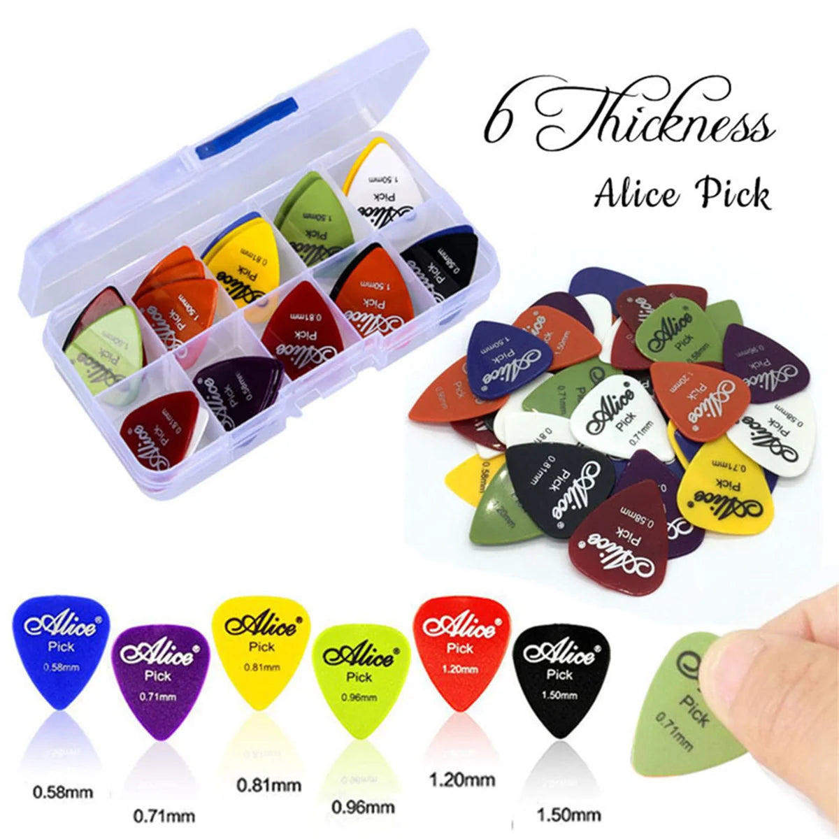 Alice Guitar Picks: Assorted Thicknesses (0.58/0.71/0.81/0.96/1.2/1.5mm) for Acoustic, Electric & Bass Guitars