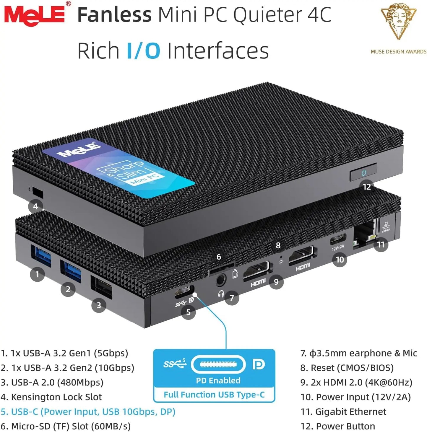 MeLE Fanless Mini PC N100 Micro Desktop Computer LPDDR4X 16GB 512GB 2.4/5G WiFi,Dual HDMI,4K,USB-C,IoT,Quieter4C