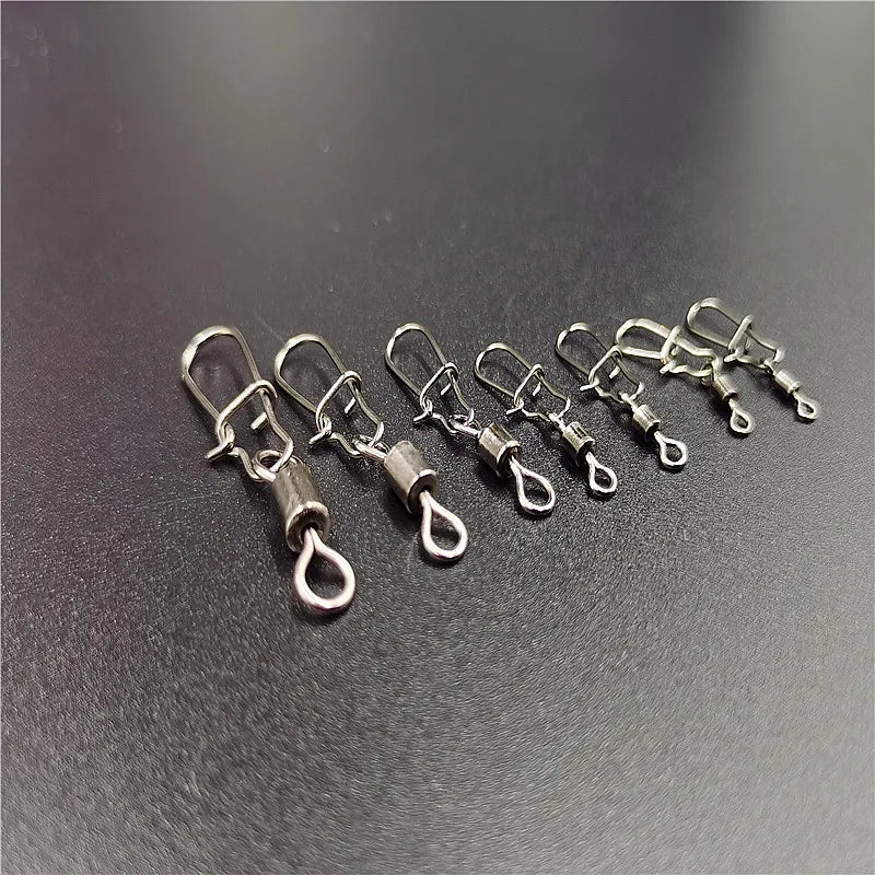 50pcs/lot Fishing Connector  2# 4# 6# 8# 10# Pin Bearing Rolling Swivel Stainless Steel With Snap Fishhook Lure Tackle