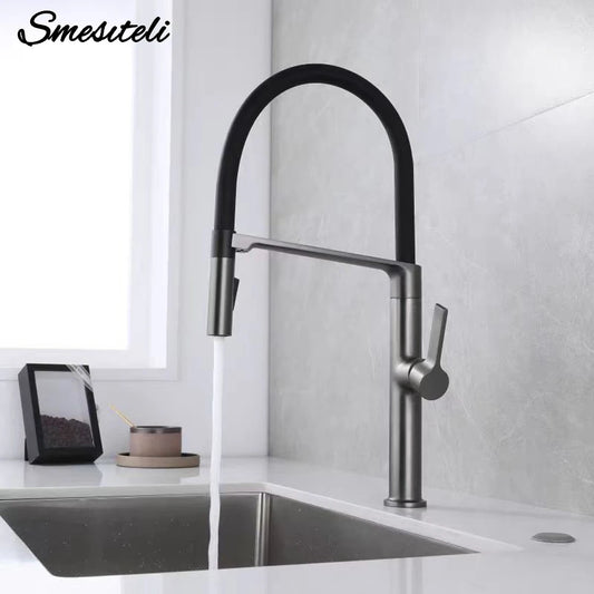 Gunmetal Rubber Kitchen Faucet Mixer Rotation Pull Down Stream Sprayer Taps Hot And Cold Water Single Hole Single Handle Faucet