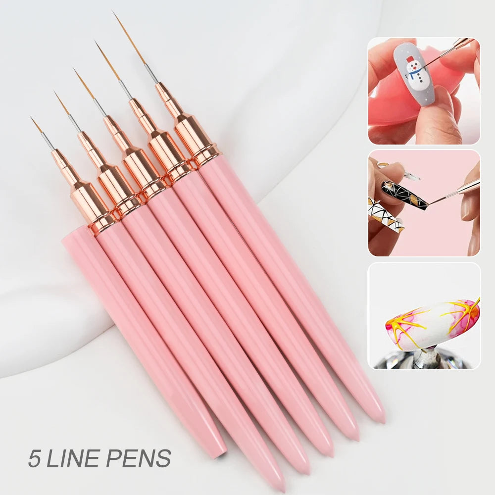 5pcs Premium Nail Art Liner Brush Set - Ultra-Fine Detailing Pens For Precision Manicure 6/9/12/15/26mm Long Line Nail Brushes *