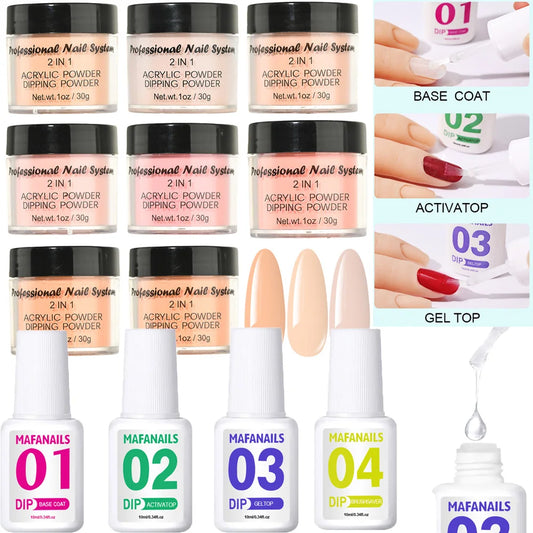 Acrylic Dipping Nail Powder Liquid Kit 4-Step Base&Top Coat Activator Brush Saver Dipping Powder System Liquid Set No Need Lamp