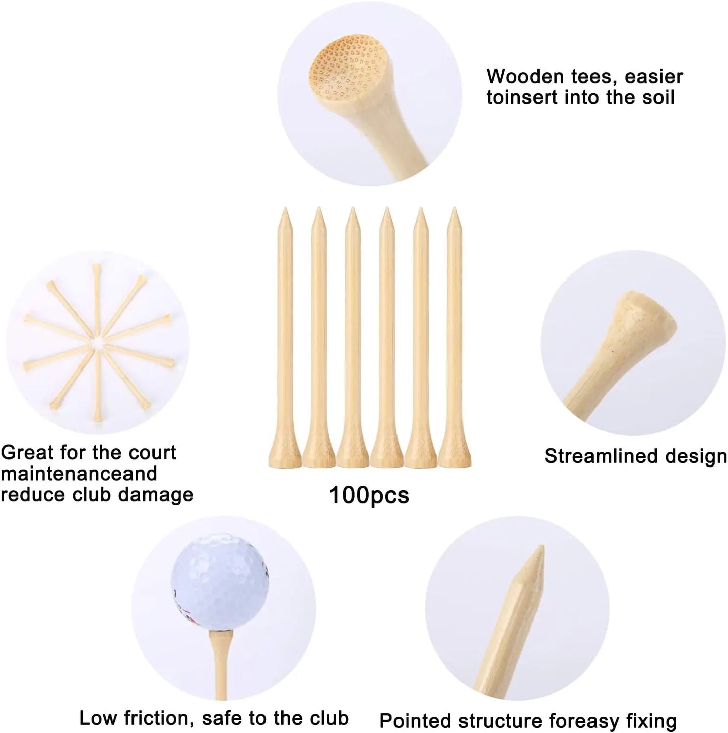 Golf Tees Durable Bamboo Tees 50Pcs/100Pcs 100Pcs 3-1/4" Friendly Biodegradable Material Reduce Friction Side Spin More Stable