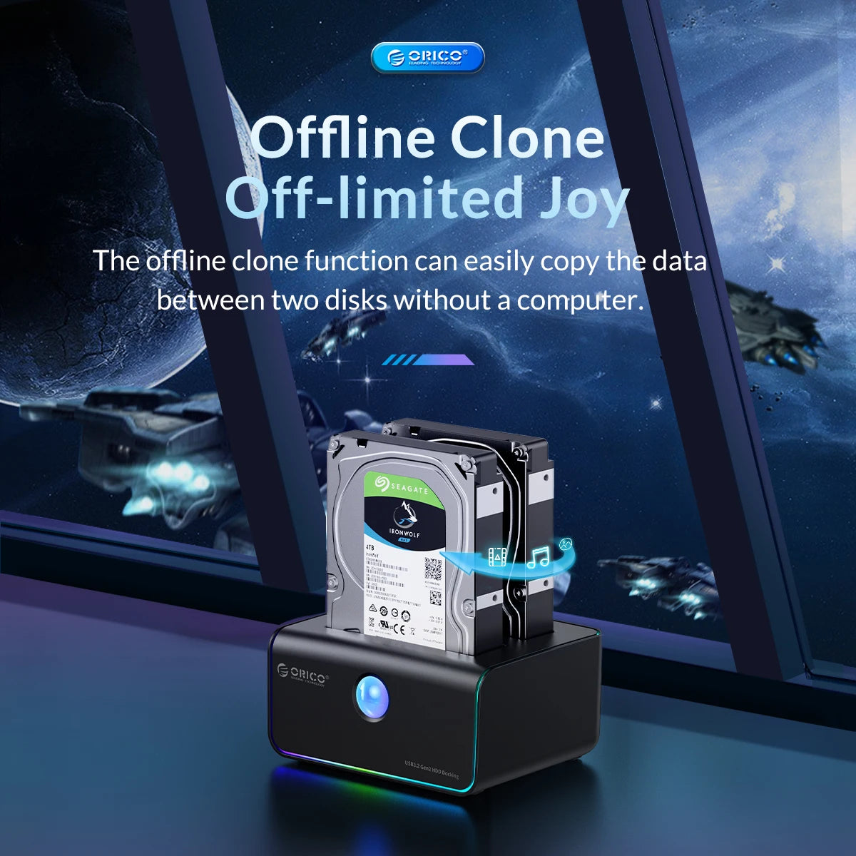 ORICO RGB Light 2-bay Type-C 10Gbps Hard Disk Docking Station for Game Enthusiast with Auto-Sleep Offline Clone Hard Disk Case