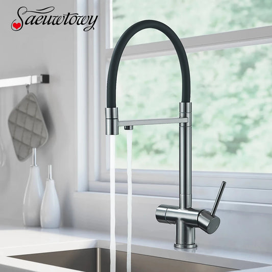 Pured Water Kitchen Faucet Dual Handle Deck Mounted Taps Filtered Water Mixer Tap 360 Rotate Pull Down Flexible Pipe Mixers