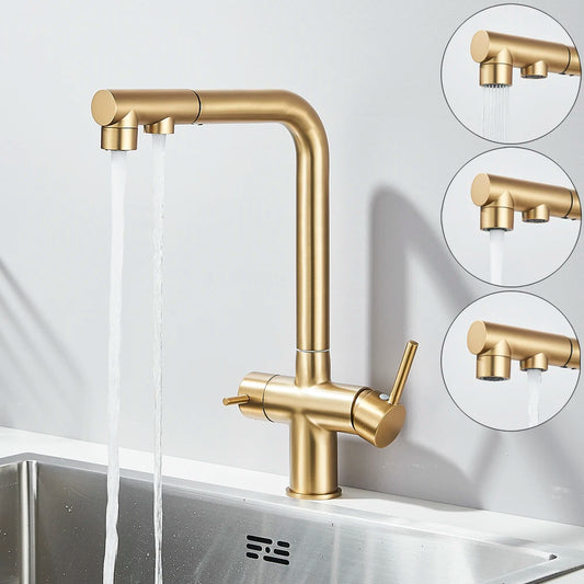 Uythner Waterfilter Kitchen Faucet Dual Handles Deck Mounted Pull Out Mixer Tap 360 Degree Rotation Water Purification Crane