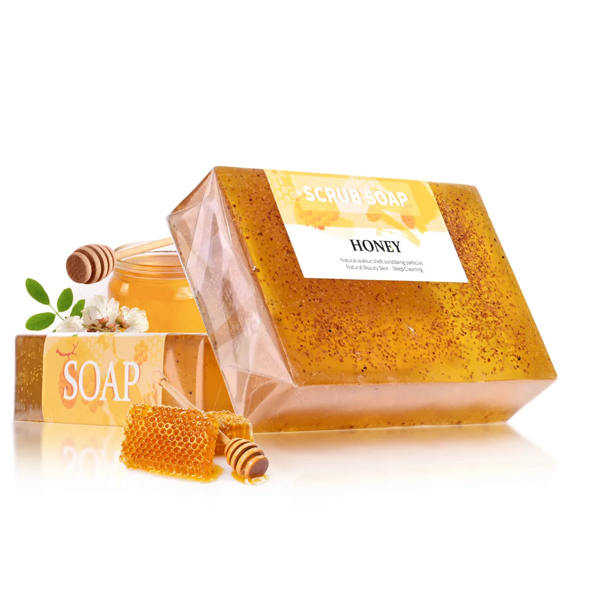 M+100G Natural Honey Walnut Particle Scrub Soap Gently Cleanses Pores Long-Lasting Aromatic Facial Wash and Bath Handmade Soap
