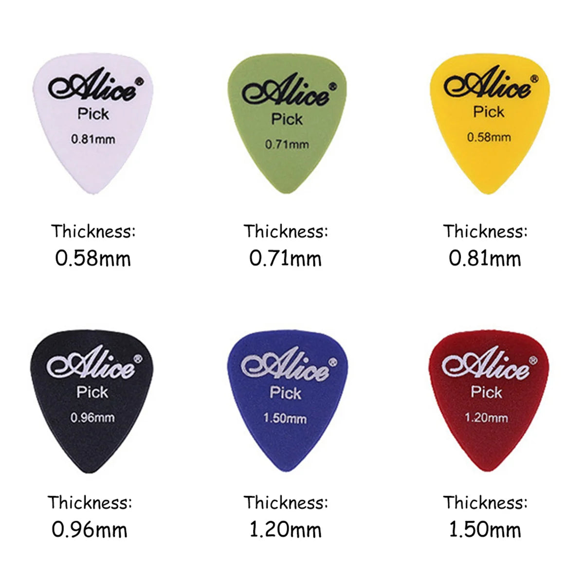 Alice Guitar Picks: Assorted Thicknesses (0.58/0.71/0.81/0.96/1.2/1.5mm) for Acoustic, Electric & Bass Guitars