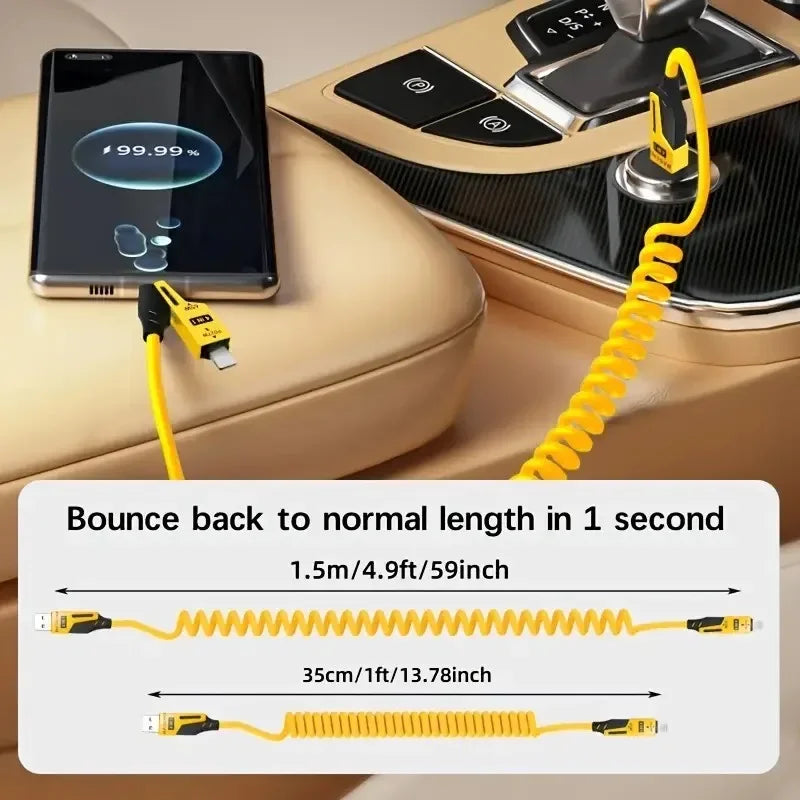 4 in 1 65W Spring Short Data Cable 6A USB Type C Spring Telescopic Quick Charger Wire Spring USB Cable for iPhone 15 14 13 12