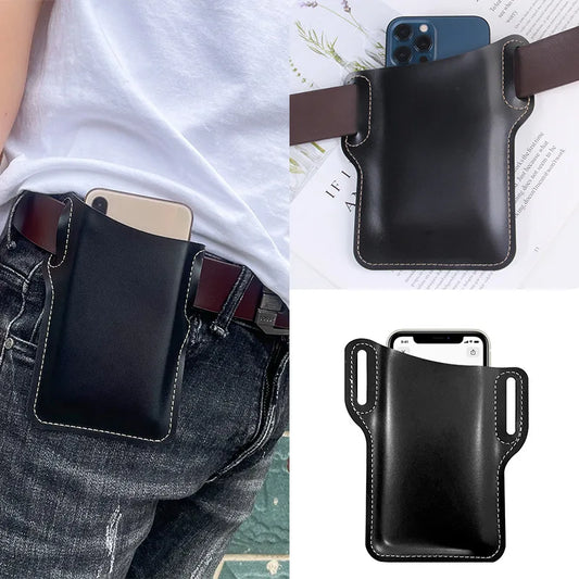 1PC Men's Vintage Leather Waist Bag - Crossbody Phone Pouch for Outdoor Sports, Work, Hiking