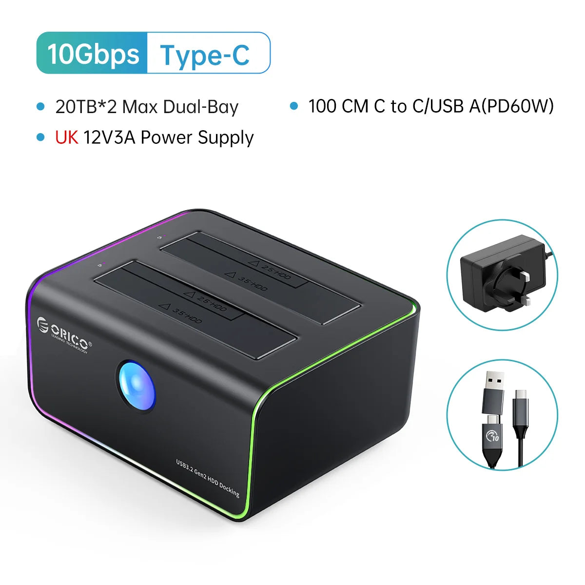ORICO RGB Light 2-bay Type-C 10Gbps Hard Disk Docking Station for Game Enthusiast with Auto-Sleep Offline Clone Hard Disk Case